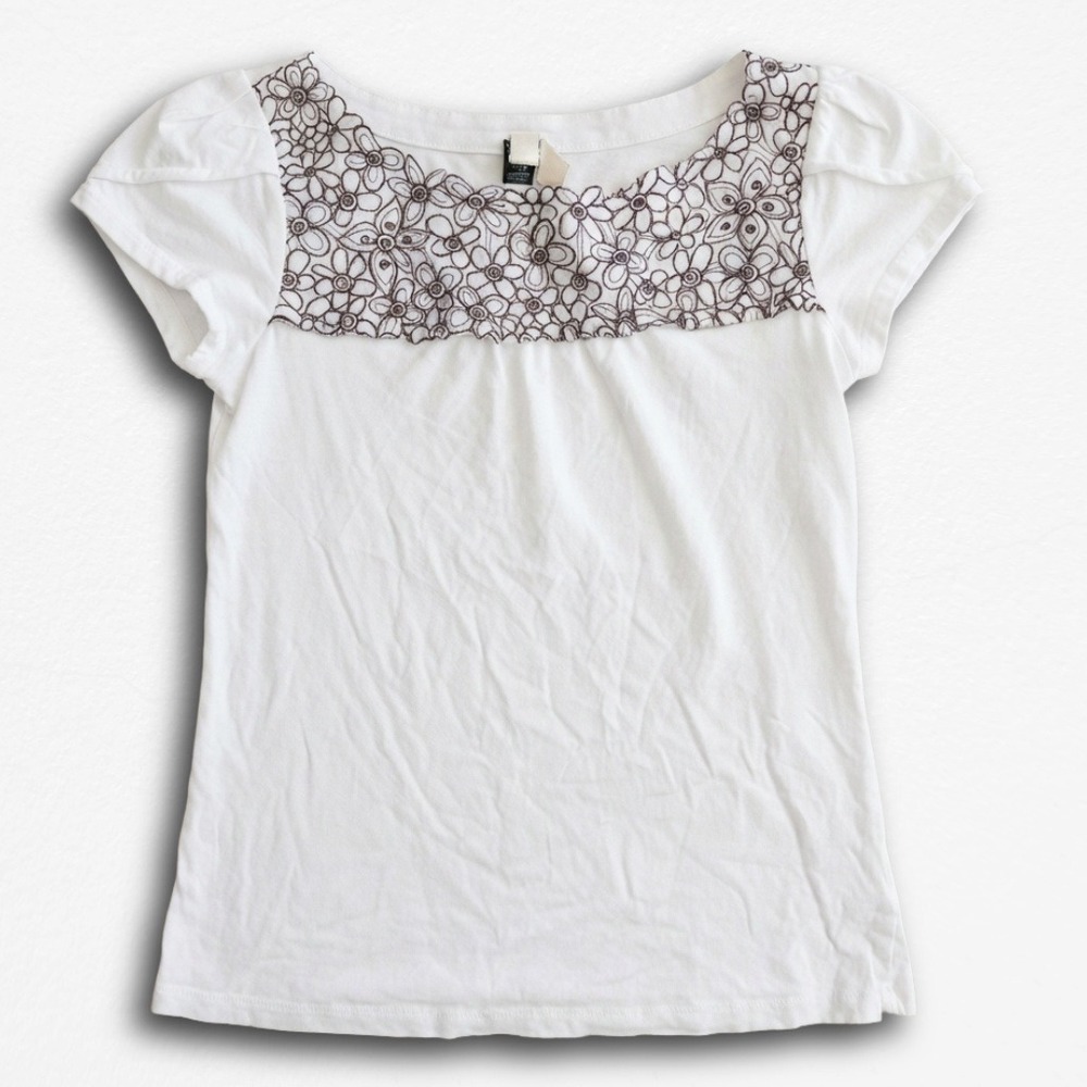 Ric Rac Womens XS White Y2K Floral Embroidered Mesh Yoke Puff Sleeve Top Tee